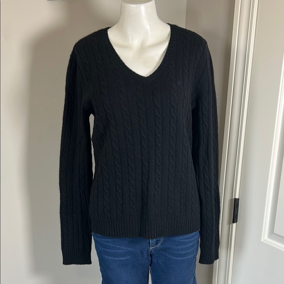 Lauren Ralph Lauren Cashmere Cable Knit Sweater Black Vneck...
